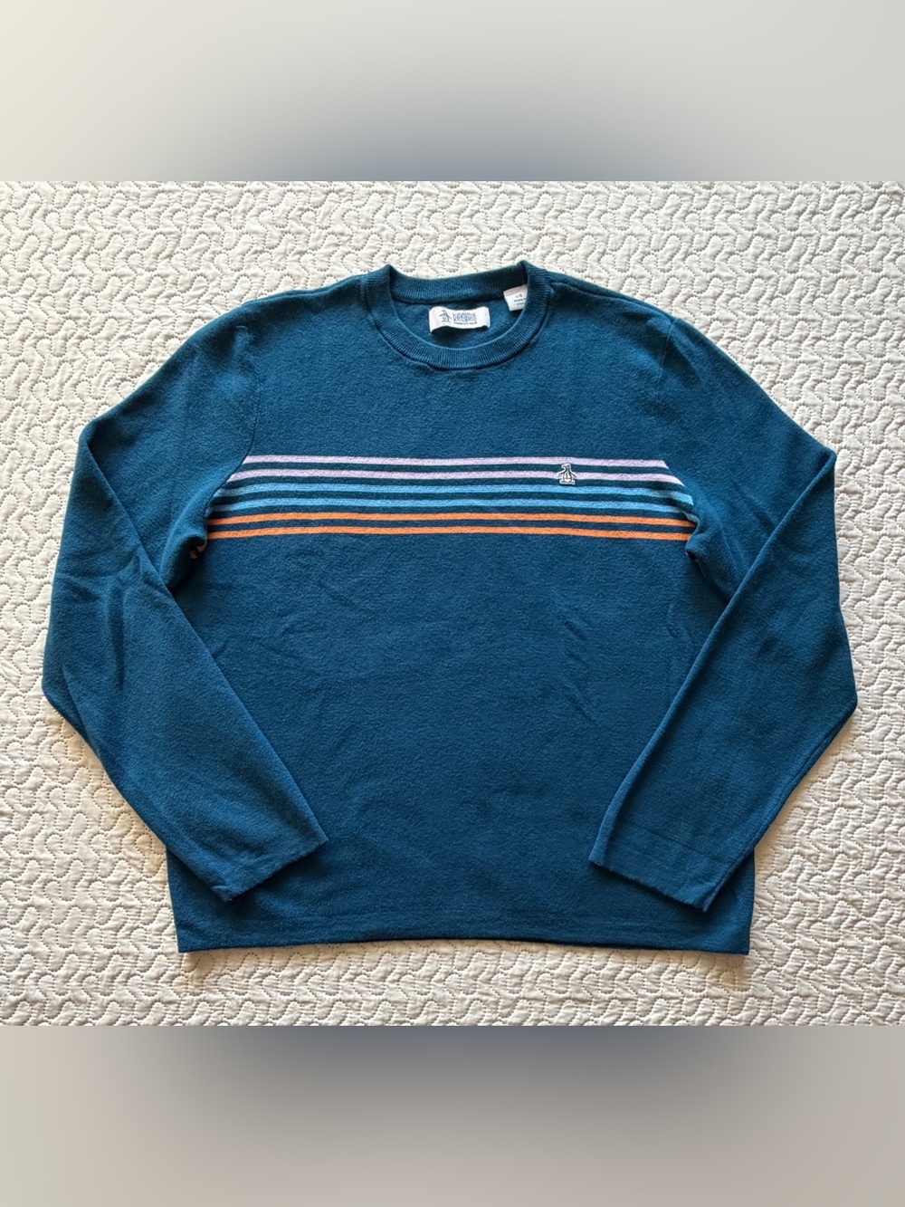 Original Penguin Men’s Large Teal Striped 100% Cotton Crewneck Sweater